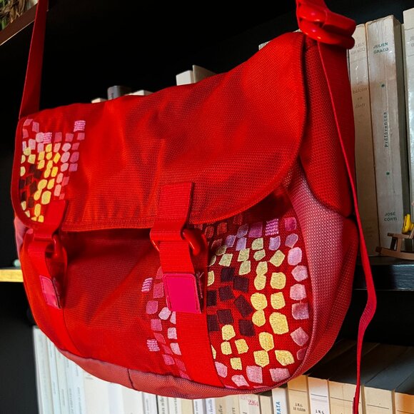 Mandarina Duck Crossbody Nylon Red, Pink and Yellow Embroidered Beaded Boho Bag - Picture 2 of 8